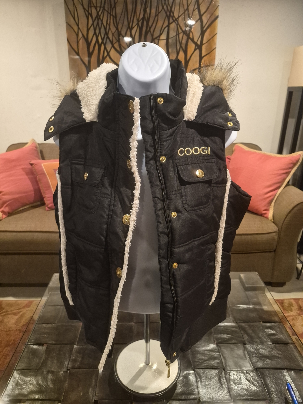 COOGI Kids Black Quilted Puffer Vest with Faux Fur Trim